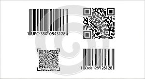 A collection of barcode and QR code labels on a white background