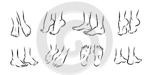 Collection of bare human man and woman feet pairs arranged in different poses isolated on white background.