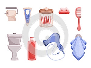 Collection Of Bath Items, Scented Soap, Fluffy Towel, Toilet Paper and Bowl, Comb, Fan, Shampoo Bottle, Toothpaste Tube