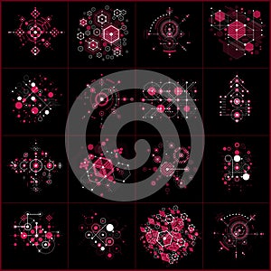 Collection of Bauhaus retro red wallpapers, art vector backgrounds made using hexagons and circles. Geometric graphic 1960s illus