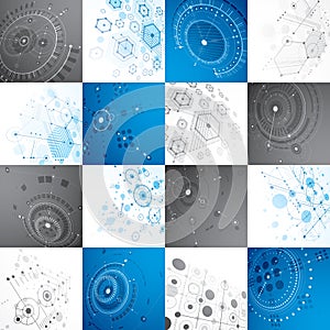 Collection of Bauhaus wallpapers, art dimensional vector background made with honeycombs, lines and circles. Graphic