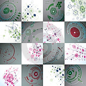 Collection of Bauhaus wallpapers, art dimensional vector background made with honeycombs, lines and circles. Graphic
