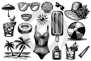 A collection beach and summer themed items including a bikini, sunglasses