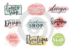 Collection of beautiful lettering hand drawn with elegant cursive font against colorful stains on background. Vector