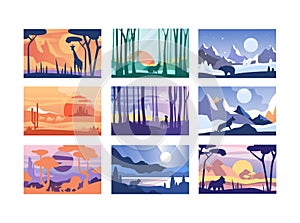 Collection of beautiful scene of nature, peaceful landscape with wild animals in different time of day, templates for