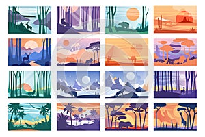 Collection of beautiful scene of nature, peaceful landscape with wild animals in different time of day, templates for