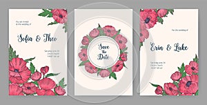 Collection of beautiful templates for Save the Date card or wedding invitation with pink blooming poppy flowers hand