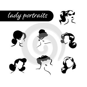 Collection of beautiful woman head and shoulders portraits isolated on white background. Black minimalistic silhouette, contour li