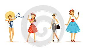 Collection of Beautiful Young Women Dressed Retro Style Stylish Clothes, Pretty Girls in Different Situations Vector