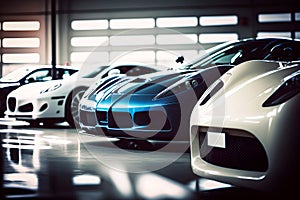 Collection of beauty sport generic and unbranded cars in a modern garage, ai generative illustration