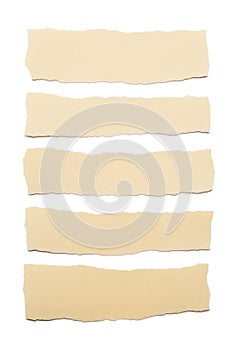 Collection of beige paper stripes with torn edges isolated on white background