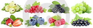 Collection of berries strawberries blueberries grapes fruits fruit isolated on white