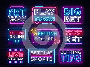 Collection Betting neon signs. Set neon banners Gambling slogan, Casino, Betting design element, Night neon signboard photo