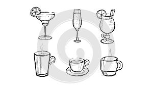 Collection of beverages and hot drinks hand drawn vector Illustration on a white background