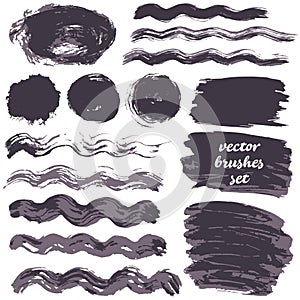 Collection of bicolor paint, ink brush strokes, brushes, blots, lines, grungy