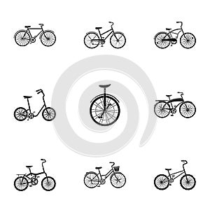 Collection of bikes with different wheels and frames. Different bikes for sport and walks.Different bicycle icon in set photo