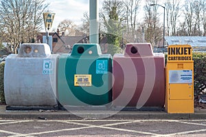 A collection bin for second hand inkjet cartridges, bottles, gla