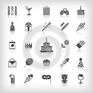 Collection of birthday, jubilee, holiday, celebrating party icons. Black silhouettes isolated on white.