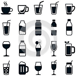 Collection of black beverage icons on white background