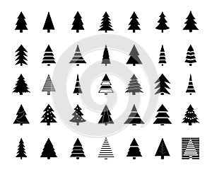 Collection of black christmas tree icons on white background