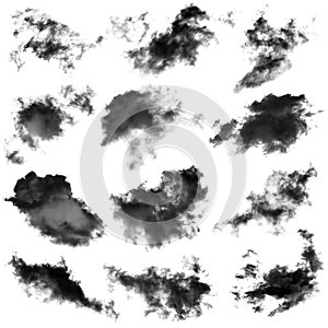 Collection of black cloud isolated on white background for design element,textured smoke,brush effect