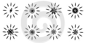 Collection black color element icons of sun stars radial starburst with creative flower vector illustration abstract backgrond