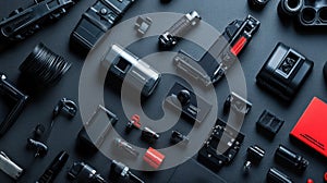 Top View of Assorted Black Electronics and Accessories on a Dark Surface