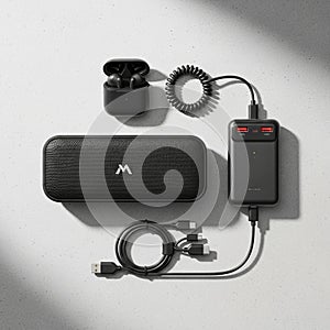 Devices on a light surface includes a wireless speaker, a pair of earbuds