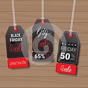 Collection Of Black Friday Tags On Wooden Textured Background Shopping Icons And Logos Set Design