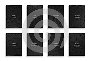 Collection of black geometric polygonal covers, templates, backgrounds, placards, brochures, banners, flyers. Dark