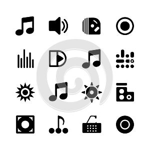 Collection of black glyph icons representing audio and media elements  design