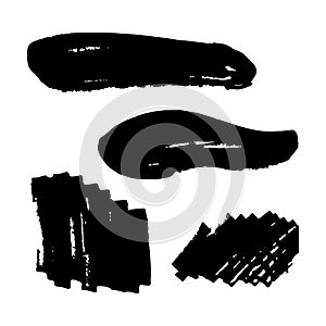 A collection of black grungy  abstract hand-painted brush strokes. Painted grunge stripes set. Black labels, background,