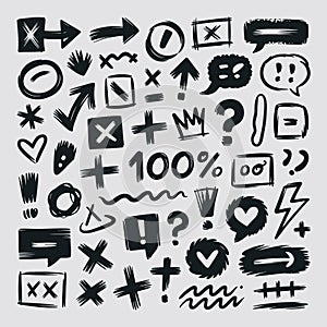 Collection of Black Hand- Drawn Icons Symbols and Scribbles on a Light Gray Background