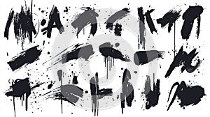 Collection of black ink brush strokes, splatters, and drips on white background