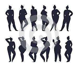 Collection of black silhouettes of naked women in various poses, with phone, pregnant. Set of female figures with the same