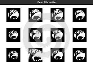 A collection of black and white bear silhouette designs with tree and forest elements