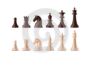 Collection of black and white chess pieces isolated on white background. Bundle of figures for strategy board game