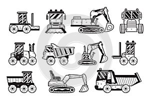 A collection of black and white drawings of construction vehicles