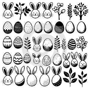 A collection black and white Easter eggs and rabbits