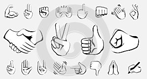 Collection of black and white hand gesture emojis. Handshake, biceps, applause, thumb, peace, rock on, ok, folding hands.