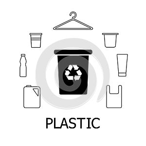 Collection of black and white icons of plastic waste. Pastic garbage and bin with recycling marc. Vector concept
