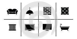Collection of black and white icons representing home interior elements