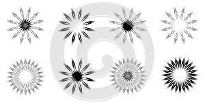 Collection of black and white mandala sun stars flower sunburst plants icons decor vector illustration, abstract background art