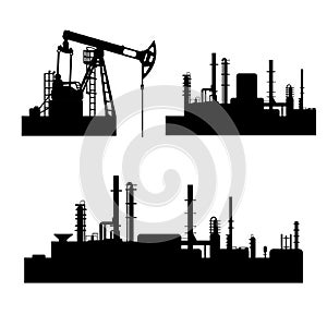 Collection of black and white oil and gas industry silhouettes. Vector isolated symbols of petroleum refinery, offshore sea or
