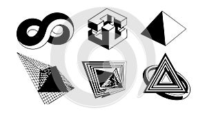 Collection of black and white optical illusion geometric shapes and impossible figures vector illustration