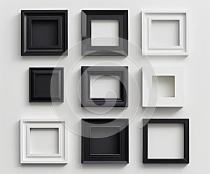 A collection of black and white picture frames arranged neatly against a white backdrop, showcasing a variety of sizes