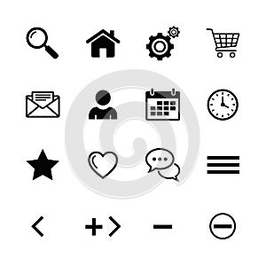 Collection of Black and White Web Icons on a White Background.