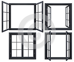 Collection of black window frames isolated on white