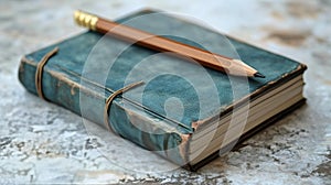 Collection of blank notebooks stacked on a table with a pencil resting on top