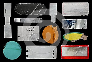 collection of blank old sticker, label, price tag template for mockup. isolated dirty, ripped, half peeled stickers